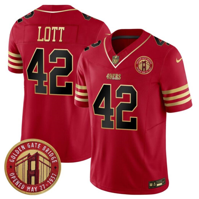 Men's San Francisco 49ers #42 Ronnie Lott Red F.U.S.E. Golden Gate Bridge Patch Balck Scarlet Vapor Limited Football Stitched Jersey